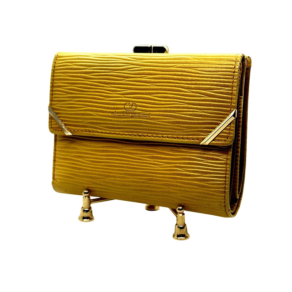 Vintage‎ Valentino Garavani Wallet Yellow Leather Tokyo Stock Market Imprint Art